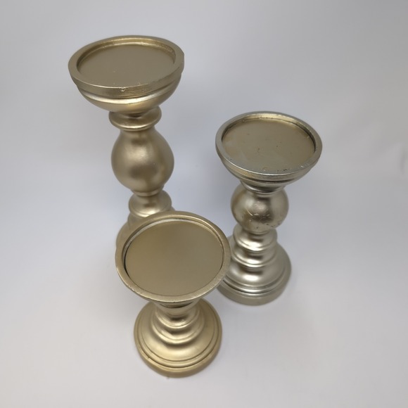 Valerie Parr Hill Set of 3 Wood Pedestal Candle Holders Gold Tone Decorative - Picture 2 of 6